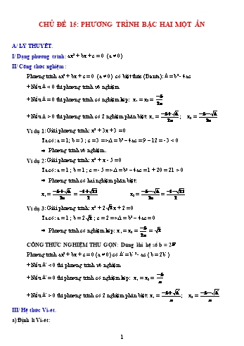 Các dạng bài tập Đại số ôn thi vào Lớp 10 - Chủ đề 15: Phương trình bậc hai một ẩn