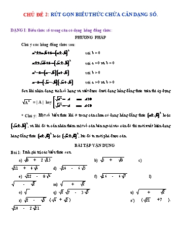Các dạng bài tập Đại số ôn thi vào Lớp 10 - Chủ đề 2: Rút gọn biểu thức căn dạng số