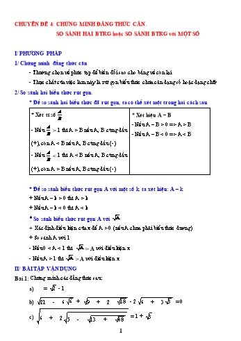 Các dạng bài tập Đại số ôn thi vào Lớp 10 - Chủ đề 4: Chứng minh đẳng thức căn. So sánh hai biểu thức rút gọn hoặc so sánh biểu thức rút gọn với một số
