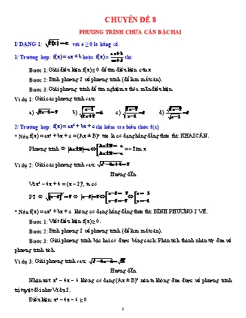 Các dạng bài tập Đại số ôn thi vào Lớp 10 - Chủ đề 8: Phương trình chứa căn bậc hai