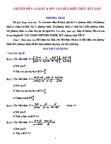 Các dạng bài tập Đại số ôn thi vào Lớp 10 - Chủ đề 9: Giải phương trình & bất phương trình có chứa biểu thức rút gọn
