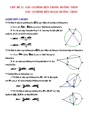 Chuyên đề bài tập Hình học 9 - Chủ đề 11: Góc cơ đỉnh bên trong đường tròn. Góc cơ đỉnh bên ngoài đường tròn