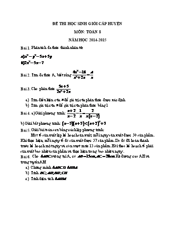 Đề thi chọn học sinh giỏi cấp huyện môn Toán Lớp 8 - Năm học 2014-2015 (Có đáp án)