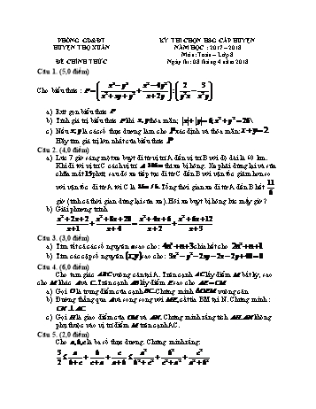 Đề thi chọn học sinh giỏi cấp huyện môn Toán Lớp 8 - Năm học 2017-2018 - Phòng GD&ĐT Thọ Xuân (Có đáp án)