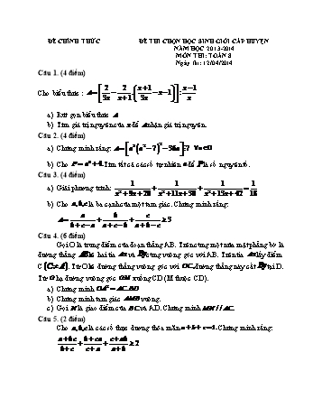 Đề thi chọn học sinh giỏi huyện môn Toán Lớp 8 - Năm học 2013-2014 (Có đáp án)