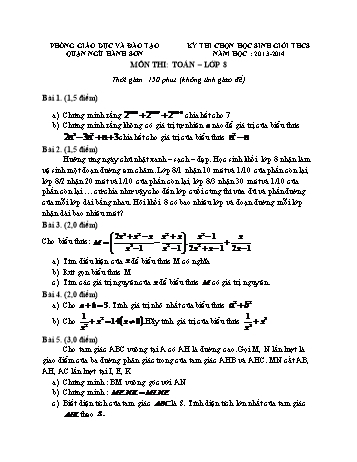 Đề thi chọn học sinh giỏi môn Toán Lớp 8 - Năm học 2013-2014 - Phòng GD&ĐT Ngũ Hành Sơn (Có đáp án)