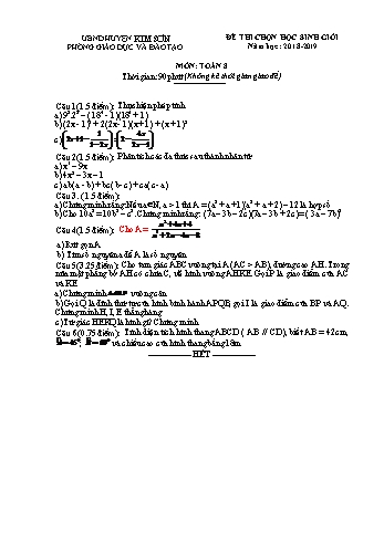 Đề thi chọn học sinh giỏi môn Toán Lớp 8 - Năm học 2018-2019 - Phòng GD&ĐT Kim Sơn (Có đáp án)