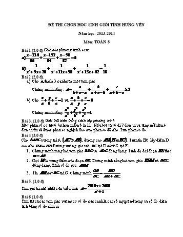 Đề thi chọn học sinh giỏi tỉnh môn Toán Lớp 8 - Năm học 2013-2014 - Sở GD&ĐT Hưng Yên (Có đáp án)