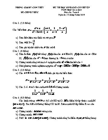 Đề thi học sinh giỏi cấp huyện môn Toán Lớp 8 - Năm học 2013-2014 - Phòng GD&ĐT Cẩm Thủy (Có đáp án)