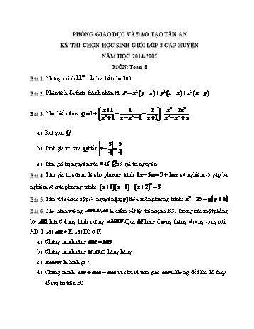 Đề thi học sinh giỏi cấp huyện môn Toán Lớp 8 - Năm học 2014-2015 - Phòng GD&ĐT Tân An (Có đáp án)