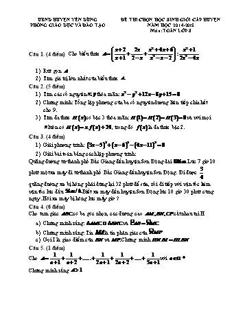 Đề thi học sinh giỏi cấp huyện môn Toán Lớp 8 - Năm học 2014-2015 - Phòng GD&ĐT Yên Dũng (Có đáp án)