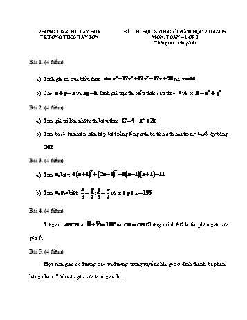 Đề thi học sinh giỏi môn Toán Lớp 8 - Năm học 2014-2015 - Trường THCS Tây Sơn (Có đáp án)