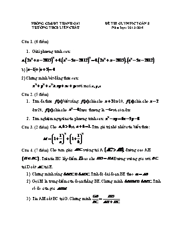Đề thi olympic môn Toán Lớp 8 - Năm học 2013-2014 - Trường THCS Liên Châu (Có đáp án)