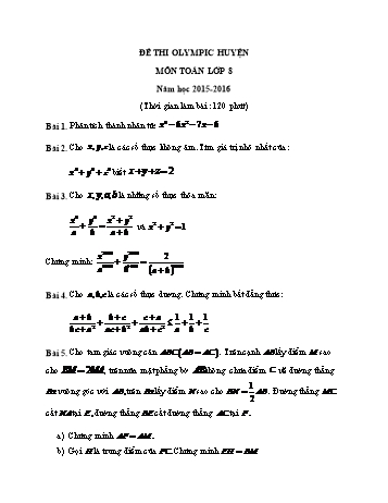 Đề thi olympic môn Toán Lớp 8 - Năm học 2015-2016 (Có đáp án)