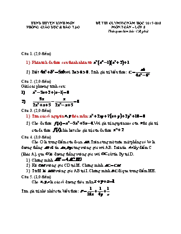 Đề thi olympic môn Toán Lớp 8 - Năm học 2017-2018 - Phòng GD&ĐT Kinh Môn (Có đáp án)