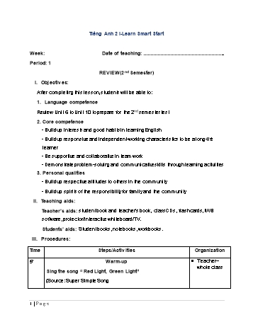 Giáo án Tiếng Anh Lớp 2 (i-Learn Smart Start) - Period 1: Review (2ˢᵗ Semester)