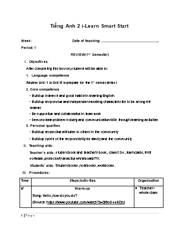 Giáo án Tiếng Anh Lớp 2 (i-Learn Smart Start) - Period 1: Review (1ˢᵗ Semester)