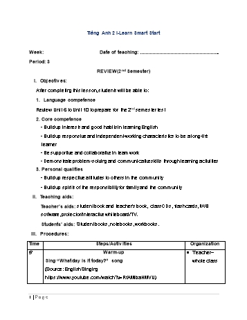 Giáo án Tiếng Anh Lớp 2 (i-Learn Smart Start) - Period 3: Review (2ˢᵗ Semester)