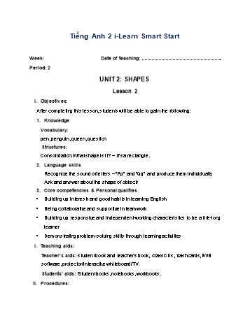 Giáo án Tiếng Anh Lớp 2 (i-Learn Smart Start) - Unit 2: Shapes - Lesson 2 - Period 2