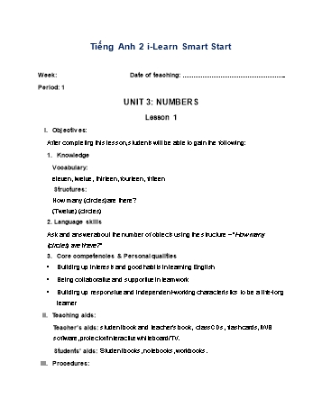 Giáo án Tiếng Anh Lớp 2 (i-Learn Smart Start) - Unit 3: Numbers - Lesson 1 - Period 1