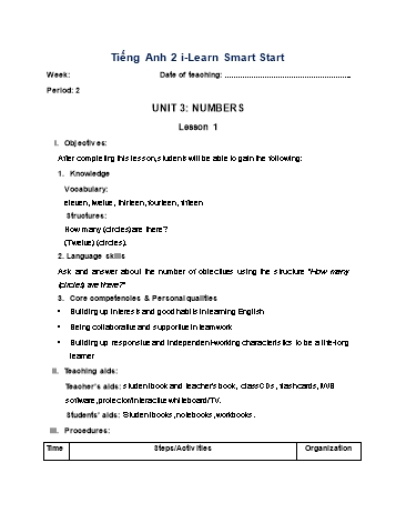 Giáo án Tiếng Anh Lớp 2 (i-Learn Smart Start) - Unit 3: Numbers - Lesson 1 - Period 2