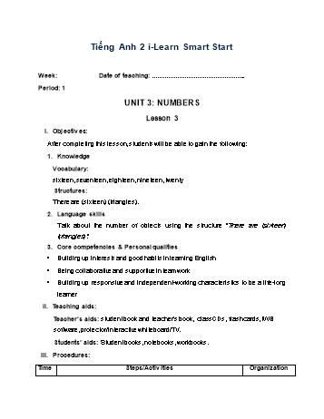 Giáo án Tiếng Anh Lớp 2 (i-Learn Smart Start) - Unit 3: Numbers - Lesson 3 - Period 1