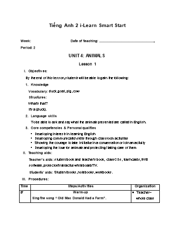 Giáo án Tiếng Anh Lớp 2 (i-Learn Smart Start) - Unit 4: Animals - Lesson 1 - Period 2