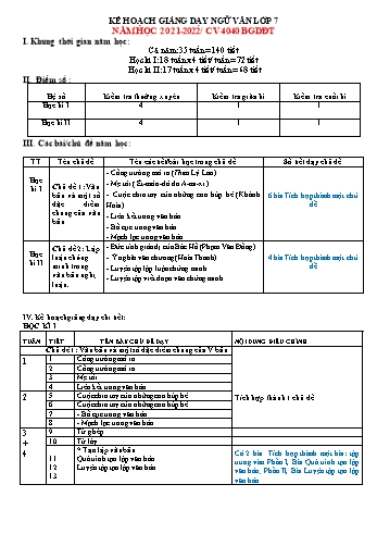 Kế hoạch giảng dạy môn Ngữ văn Lớp 7 (CV 4040) - Năm học 2021-2022