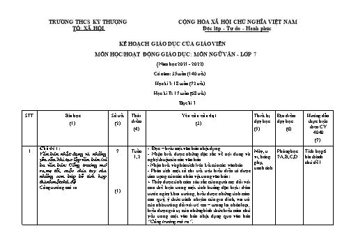 Kế hoạch giáo dục của giáo viên môn học/hoạt động giáo dục môn Ngữ văn Lớp 7 - Năm học 2021-2022 - Trường THCS Kỳ Thượng