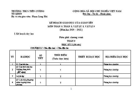 Kế hoạch giáo dục của giáo viên môn Toán và Vật lý Lớp 8, 9 (CV 5512) - Năm học 2020-2021 - Phạm Long Hải