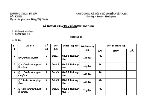 Kế hoạch giáo dục môn Toán Lớp 6, 7, 8 (CV 5512) - Học kỳ II - Năm học 2020-2021 - Đồng Thị Huyền