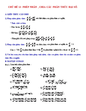 Các dạng bài tập Đại số Lớp 8 - Chủ đề 13: Phép nhân, chia các phân thức đại số