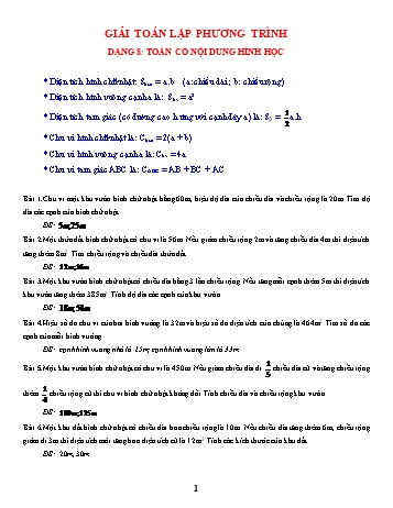 Các dạng bài tập Đại số Lớp 8 - Chủ đề 20: Giải toán lập phương trình - Dạng 8: Toán có nội dung hình học