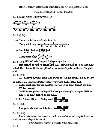 Đề thi chọn học sinh giỏi môn Toán Lớp 8 - Năm học 2013-2014 - Phòng GD&ĐT Ân Thi (Có đáp án)