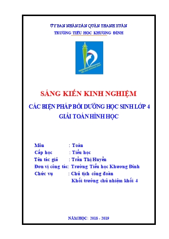 SKKN Các biện pháp bồi dưỡng học sinh Lớp 4 giải toán hình học - Trần Thị Huyền