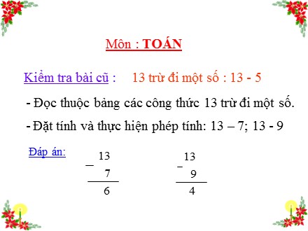 Bài giảng Toán Lớp 2 - 13 trừ đi một số. 13-5 - Trường Tiểu học Khương Đình