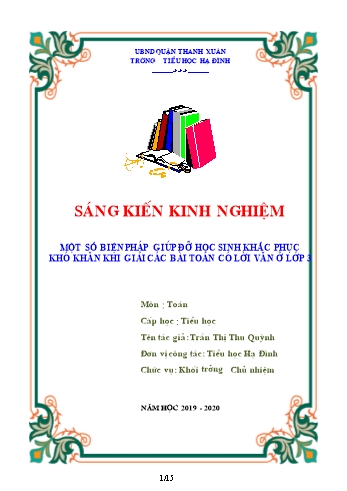 SKKN Một số biện pháp giúp đỡ học sinh khắc phục khó khăn khi giải các bài toán có lời văn ở Lớp 3 - Trần Thị Thu Quỳnh