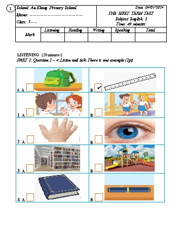 Đề kiểm tra học kì 1 môn Tiếng Anh Lớp 2 - Năm học 2023-2024 - Trường Tiểu học An Khang (Có đáp án)