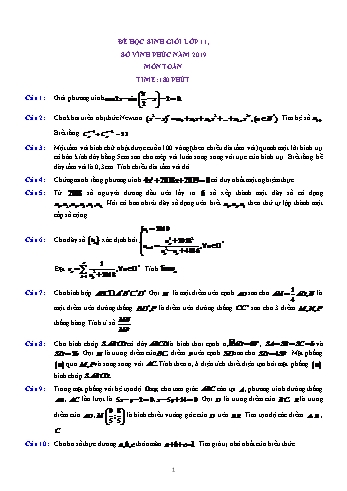 Đề thi chọn học sinh giỏi cấp tỉnh môn Toán Lớp 11 - Năm học 2018-2019 - Sở GD&ĐT Vĩnh Phúc (Có đáp án)