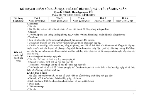 Giáo án Mầm non Lớp Chồi - Chủ đề: Thực vật–Tết và mùa xuân - Tuần 20, Chủ đề nhánh: Hoa đẹp ngày Tết - Năm học 2024-2025 - Trường Mầm non Ỷ La