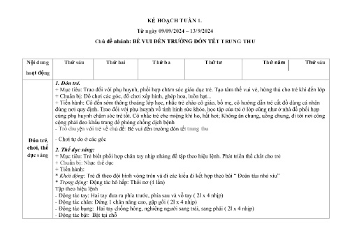 Giáo án Mầm non Lớp Chồi - Tuần 1, Chủ đề nhánh: Bé vui đến trường đón tết trung thu - Năm học 2024-2025 - Trường Mầm non Tân Trào