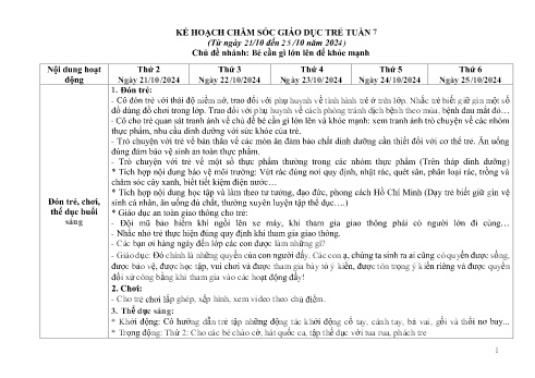 Giáo án Mầm non Lớp Lá - Chủ đề: Bản thân - Tuần 7, Chủ đề nhánh: Bé cần gì lớn lên để khỏe mạnh - Năm học 2024-2025 - Trường Mầm non Ỷ La