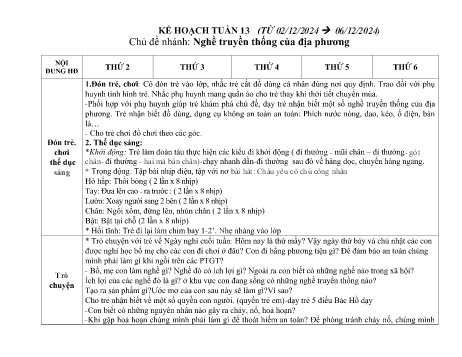 Giáo án Mầm non Lớp Lá - Tuần 13, Chủ đề nhánh: Nghề truyền thống của địa phương - Năm học 2024-2025 - Trường Mầm non Tân Trào