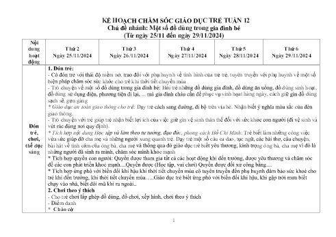 Giáo án Mầm non Lớp Mầm - Tuần 12, Chủ đề nhánh: Một số đồ dùng trong gia đình bé - Năm học 2024-2025 - Trường Mầm non Ỷ La