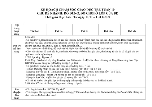 Giáo án Mầm non Lớp Nhà trẻ - Tuần 10, Chủ đề nhánh: Đồ dùng, đồ chơi ở lớp của bé - Năm học 2024-2025 - Trường Mầm non Tân Trào