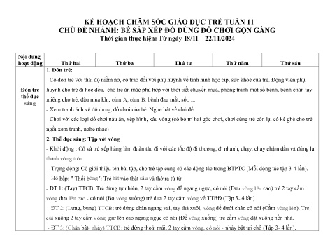 Giáo án Mầm non Lớp Nhà trẻ - Tuần 11, Chủ đề nhánh: Bé sắp xếp đồ dùng đồ chơi gọn gàng - Năm học 2024-2025 - Trường Mầm non Tân Trào