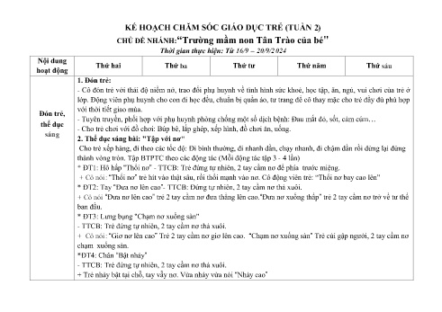 Giáo án Mầm non Lớp Nhà trẻ - Tuần 2, Chủ đề nhánh: “Trường mầm non Tân Trào của bé” - Năm học 2024-2025 - Trường Mầm non Tân Trào