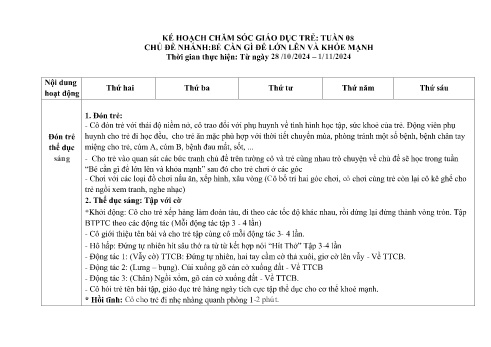 Giáo án Mầm non Lớp Nhà trẻ - Tuần 8, Chủ đề nhánh: Bé cần gì để lớn lên và khỏe mạnh - Năm học 2024-2025 - Trường Mầm non Tân Trào