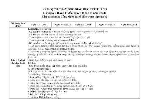 Giáo án Mầm non Lớp Nhà trẻ - Tuần 9, Chủ đề nhánh: Công việc của cô giáo trong lớp của bé - Năm học 2024-2025 - Trường Mầm non Ỷ La