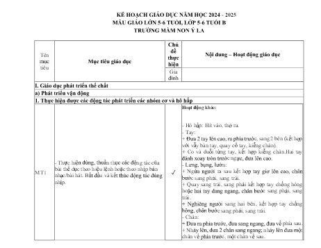 Kế hoạch giáo dục Mầm non Lớp Lá - Chủ đề: Gia đình - Năm học 2024-2025 - Trường Mầm non Ỷ La